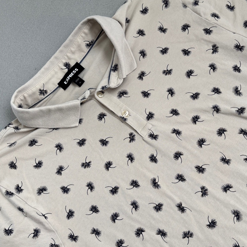 Express Mens XL Tan Palm Print Short Sleeve Stretch Polo Shirt Navy Floral